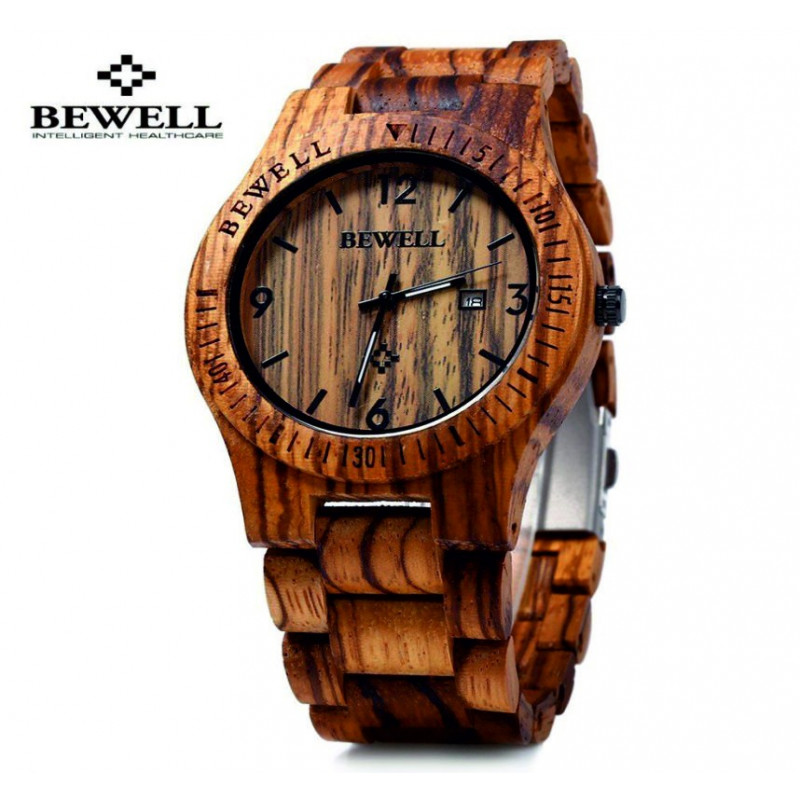 Wooden wristwatch ribbed brown walnut. Bewell Wooden wristwatch ribbed brown walnut. Bewell