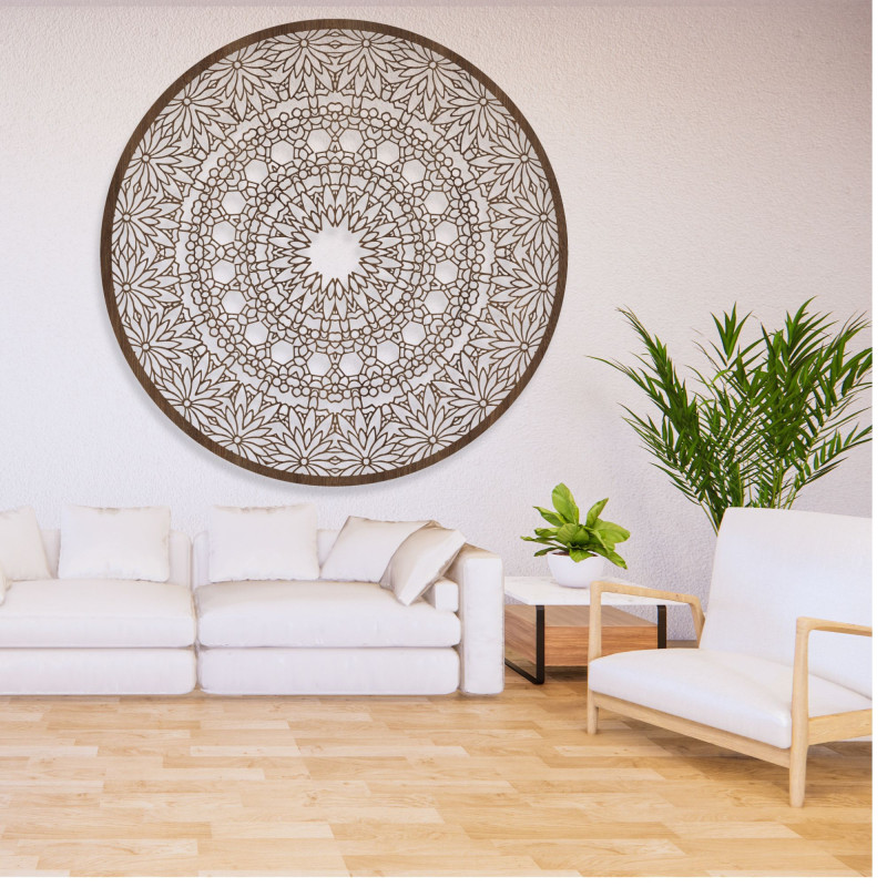 Luxus fa mandala festmény a falon egy modern belső térhez