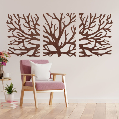 Háromrészes fafestmény - Fenséges fa ágakkal, erdei triptichon, természetes faldekoráció