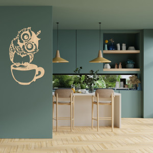 Aranyos fából készült falfestmény egy bagolyról egy csészében | Bagoly 2