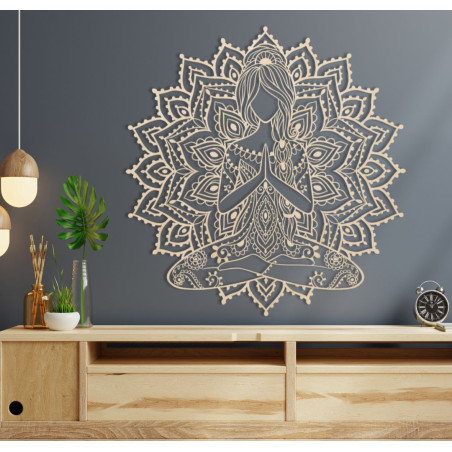 Fából készült 3D mandala jóga nő a falon - dizájn dekoráció a nappaliba egy modern és harmonikus belső térért.