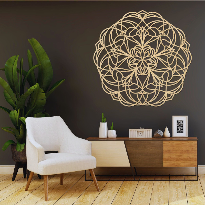 Fából készült mandala a falon modern geometrikus mintával