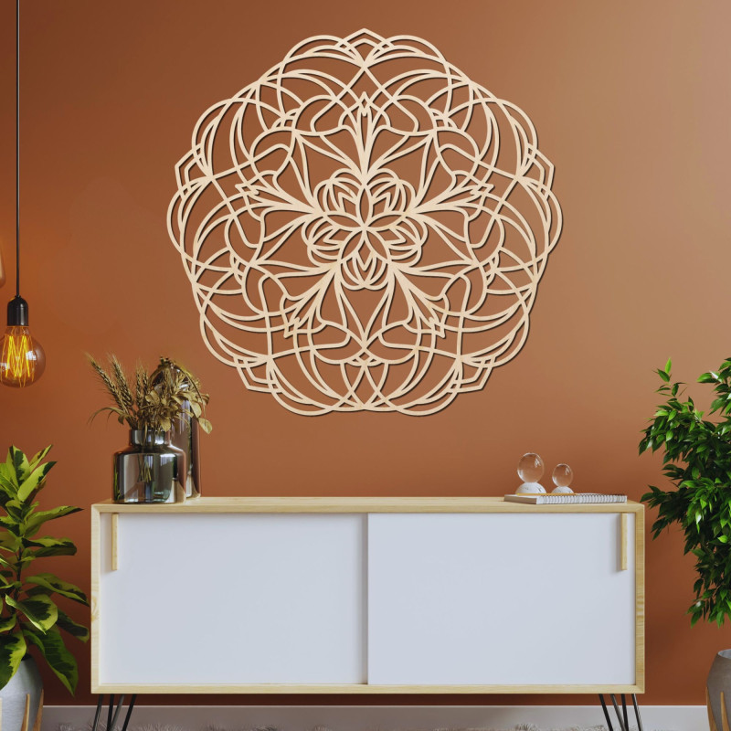 Fából készült mandala a falon modern geometrikus mintával