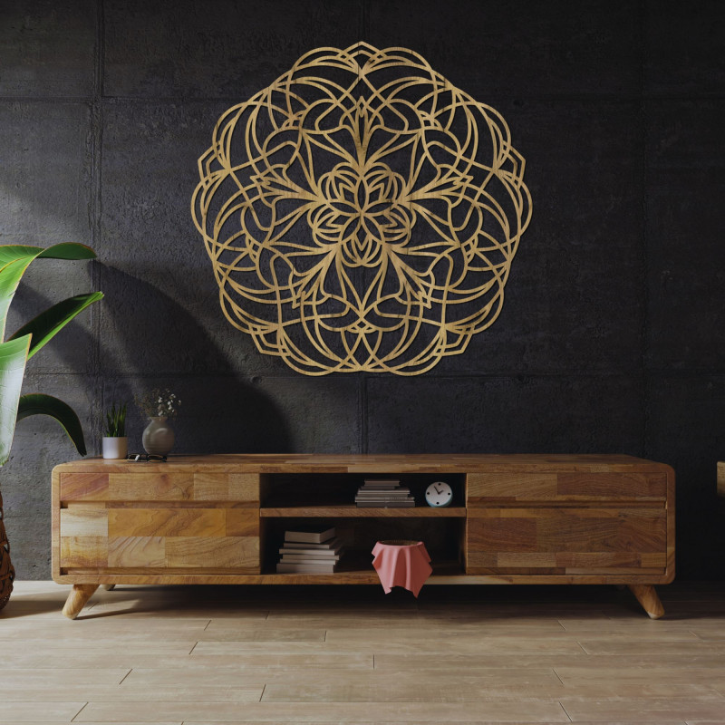Természetes fából készült fali mandala modern belső térbe