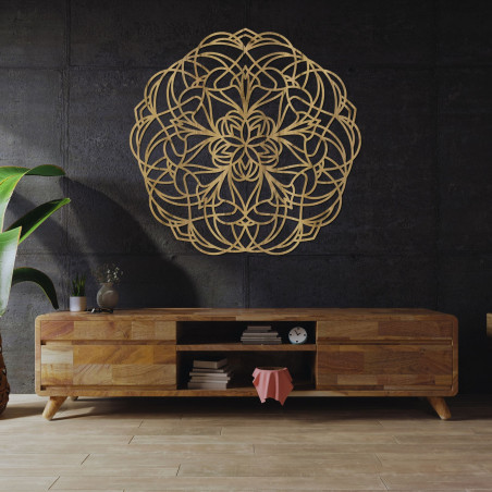 Természetes fából készült fali mandala modern belső térbe