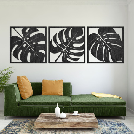Fából készült monstera faldekoráció. Trópusi fa falfestmények monstera levél motívummal