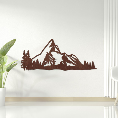 Fából készült hegyi panoráma a falon, erdővel, mint modern természetes dekorációval