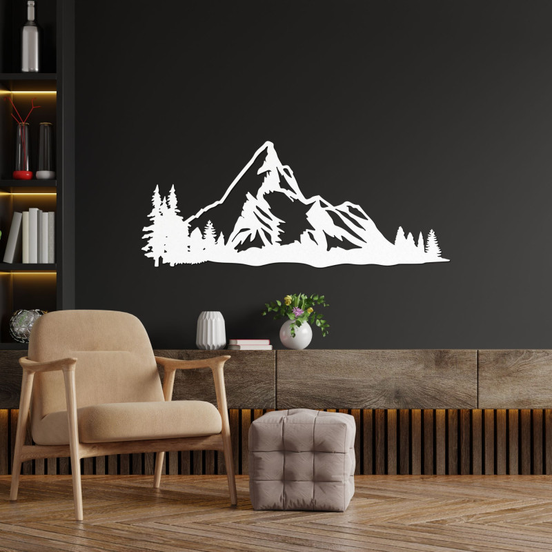 Fából készült kép hegyi panorámáról, erdővel, mint elegáns faldekorációval