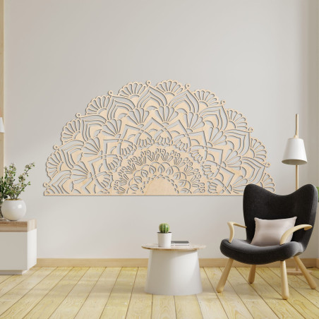 Luxus, félkör alakú, fából készült mandala stílusos bohém belső térhez.