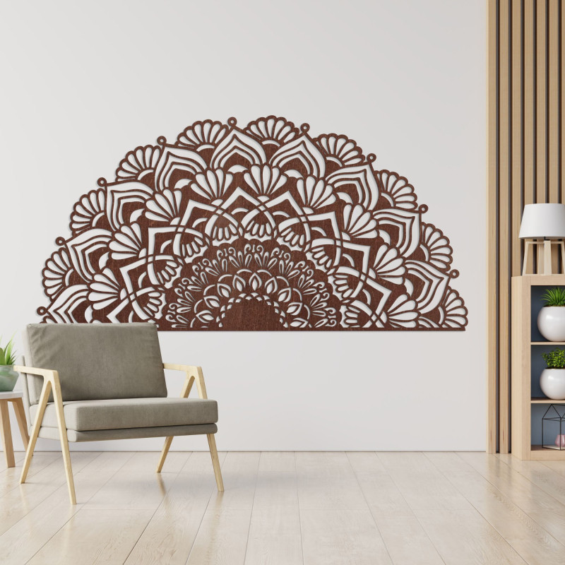 Luxus, félkör alakú, fából készült mandala stílusos bohém belső térhez.
