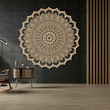 Lézerrel vágott, fából készült kör alakú mandala festmény. Precíz geometrikus fali dekoráció, barna színben.