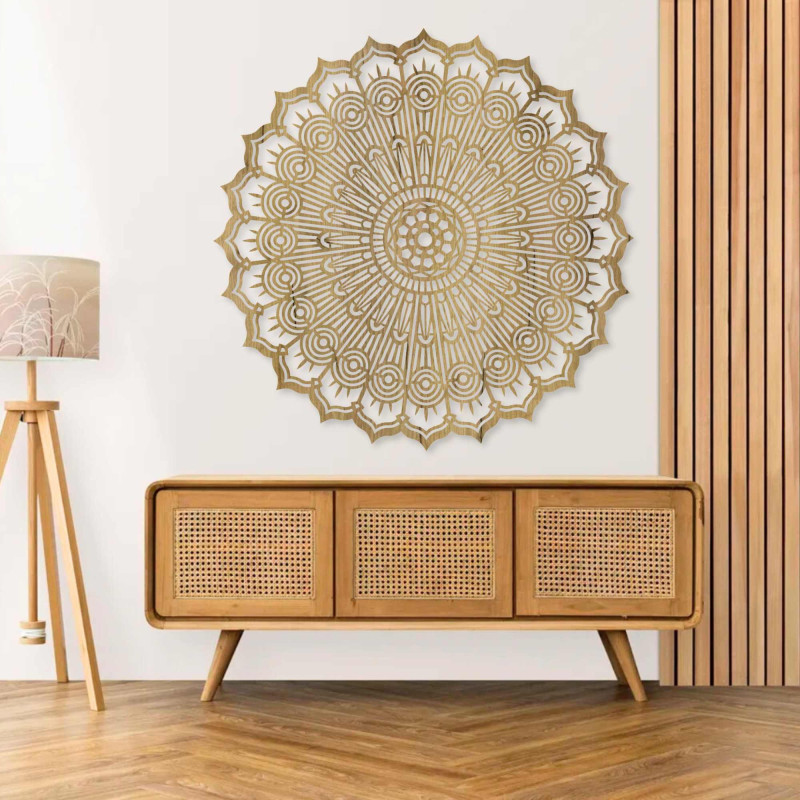 Lézerrel vágott, fából készült kör alakú mandala festmény. Precíz geometrikus fali dekoráció, barna színben.