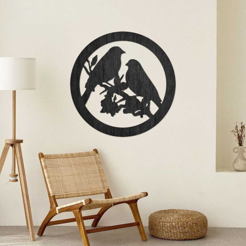 Fából készült falfestmény madarak egy ágon