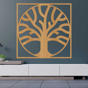Minőségi fából faragott minimalista életfa kör alakú keretben.