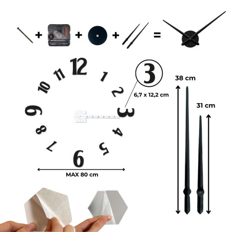 A nagyméretű, öntapadós órák vastag számokkal és fém középrésszel ideális megoldást jelentenek bármilyen modern belső térbe.