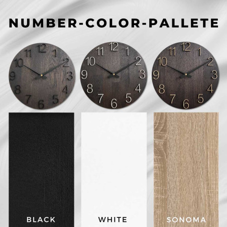 Kerek faóra finom természetes motívummal és olvasható számokkal.