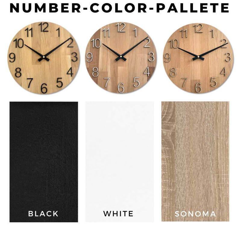 Kerek óra dekoratív kivágással a közepén és finom fa mintával.