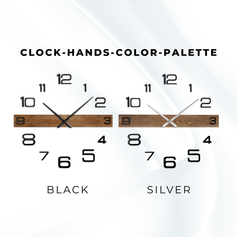 Dizájner fa falióra sötét mutatókkal és különálló, nagy számokkal.
