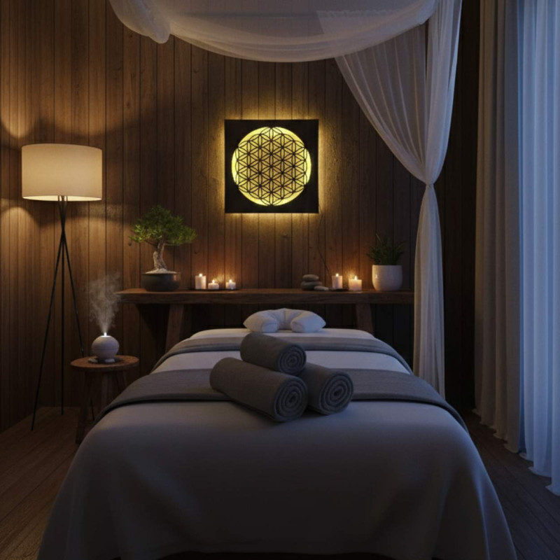 Háttérvilágítású fa mandala - belső dekoráció, pihentető fény és kézzel faragott dísz.