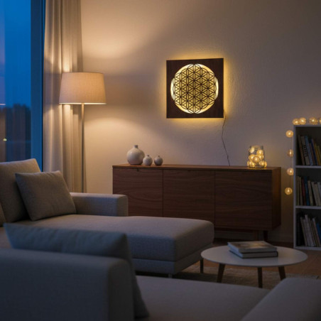 Háttérvilágítású fa mandala - belső dekoráció, pihentető fény és kézzel faragott dísz.