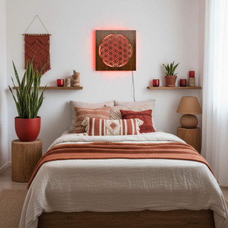 Háttérvilágítású fa mandala - belső dekoráció, pihentető fény és kézzel faragott dísz.