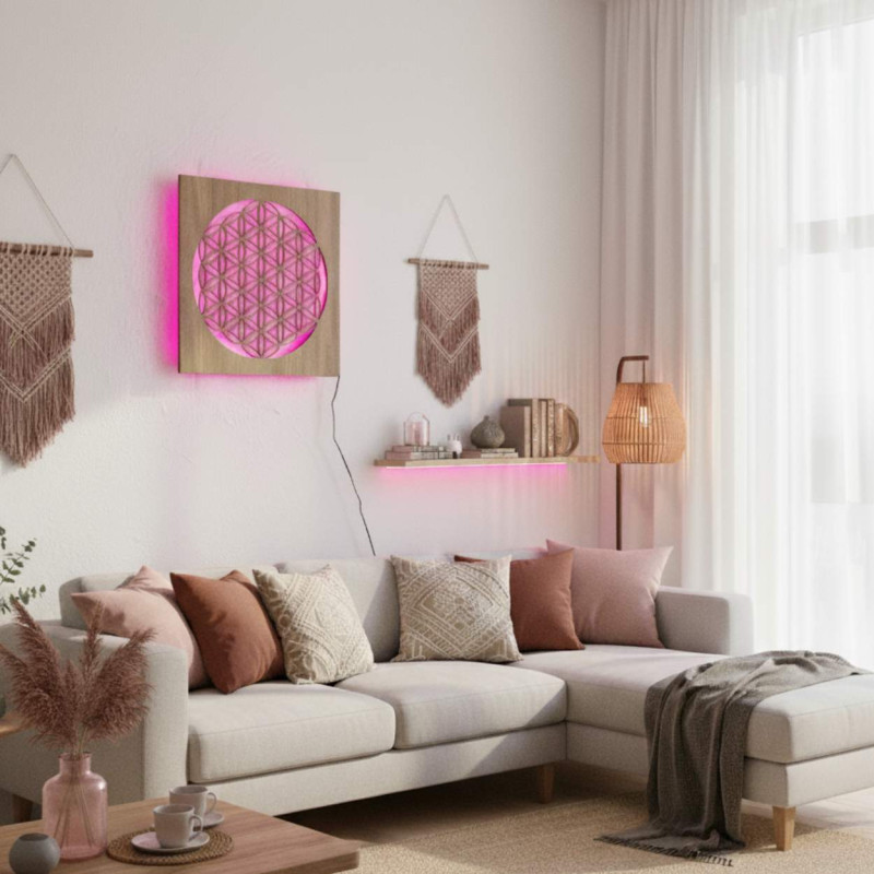 Háttérvilágítású fa mandala - belső dekoráció, pihentető fény és kézzel faragott dísz.