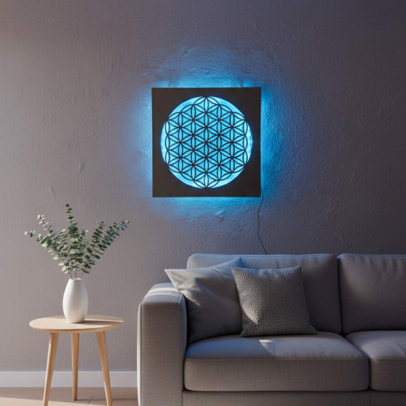 Háttérvilágítású fa mandala - belső dekoráció, pihentető fény és kézzel faragott dísz.