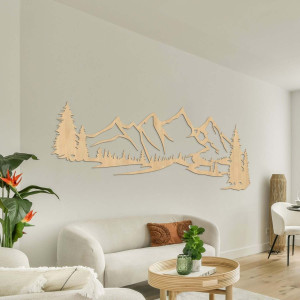 Fából készült falfestmény hegyek és sűrű erdő motívummal