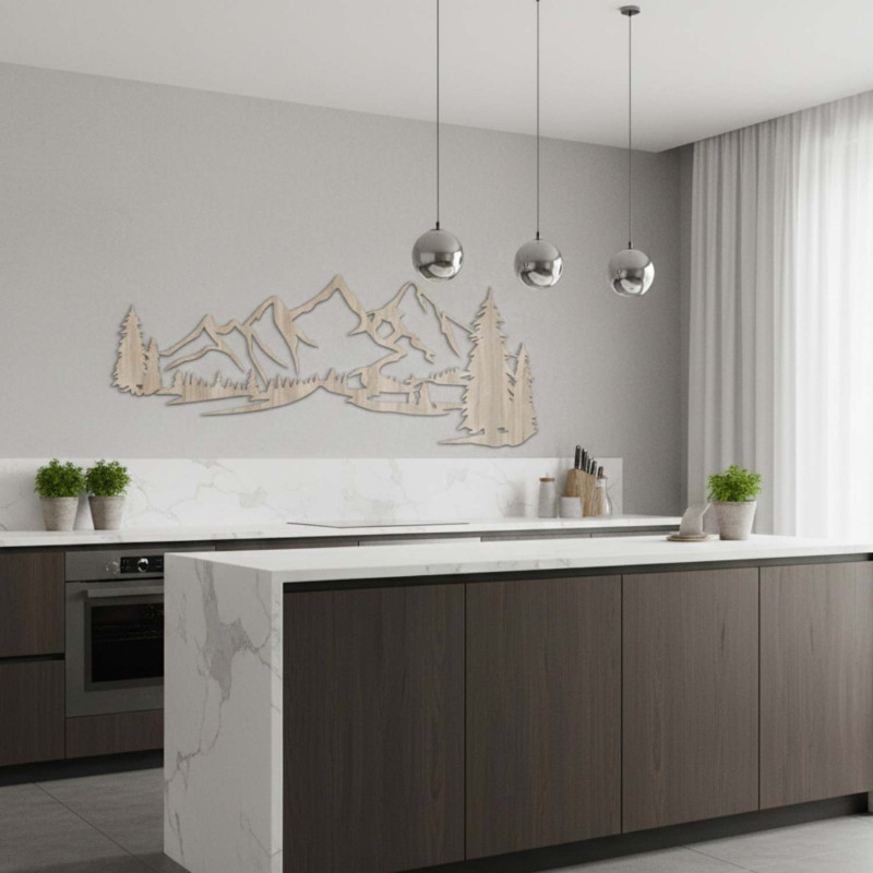 Sonoma tölgyfa dekoráció, Modern fafestmény, Hegyek és erdő a nappali díszítésére