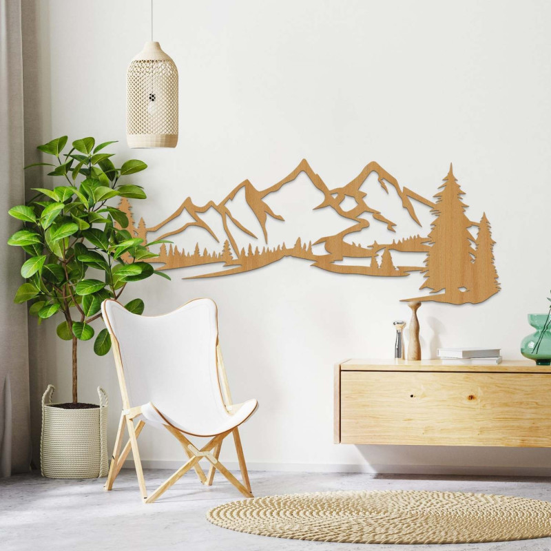 dekorációTölgyfa falpanel, dizájnos fa falpanel hegyi tájjal és erdővel