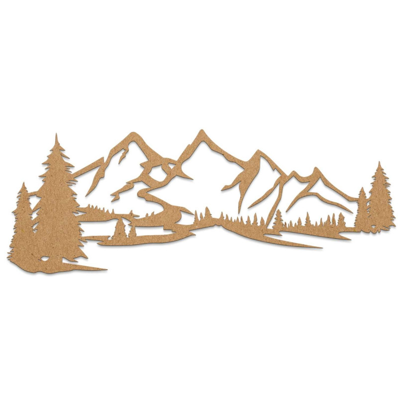 Minimalista fafestmény hegyvonulattal és tűlevelű erdővel