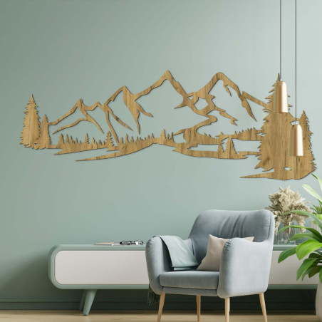 Minimalista fafestmény hegyvonulattal és tűlevelű erdővel