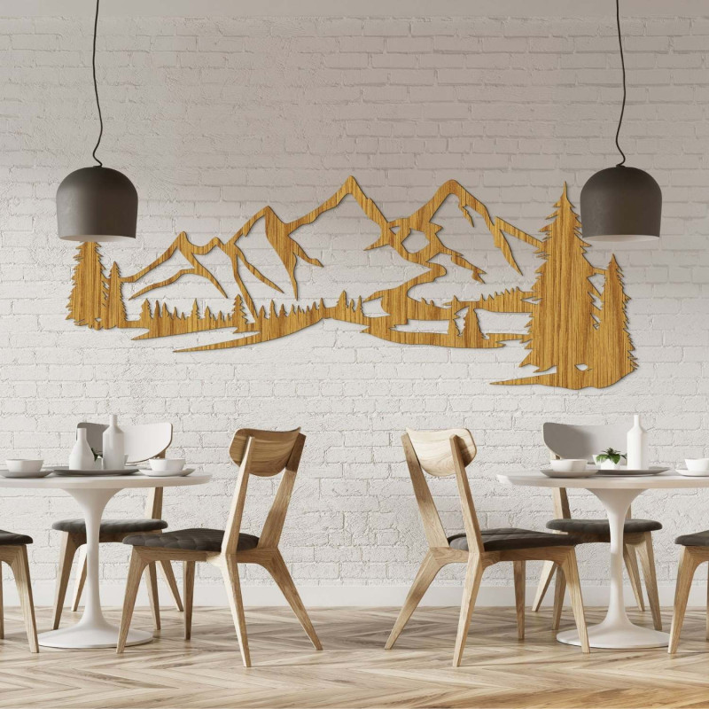 Minimalista fafestmény hegyvonulattal és tűlevelű erdővel
