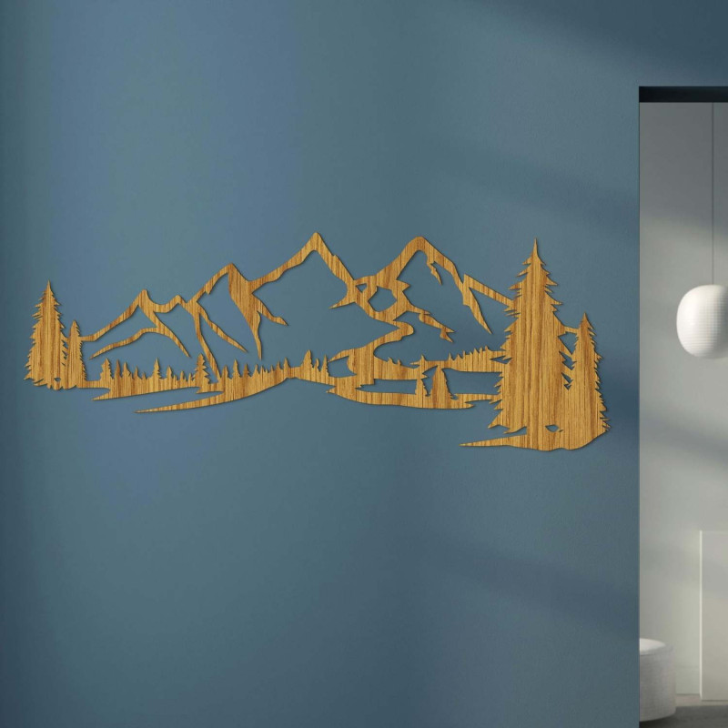 Minimalista fafestmény hegyvonulattal és tűlevelű erdővel