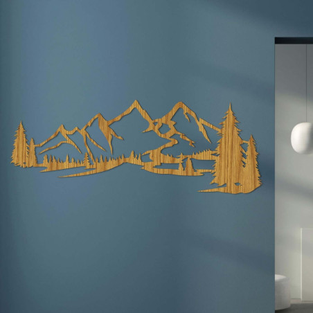 Minimalista fafestmény hegyvonulattal és tűlevelű erdővel