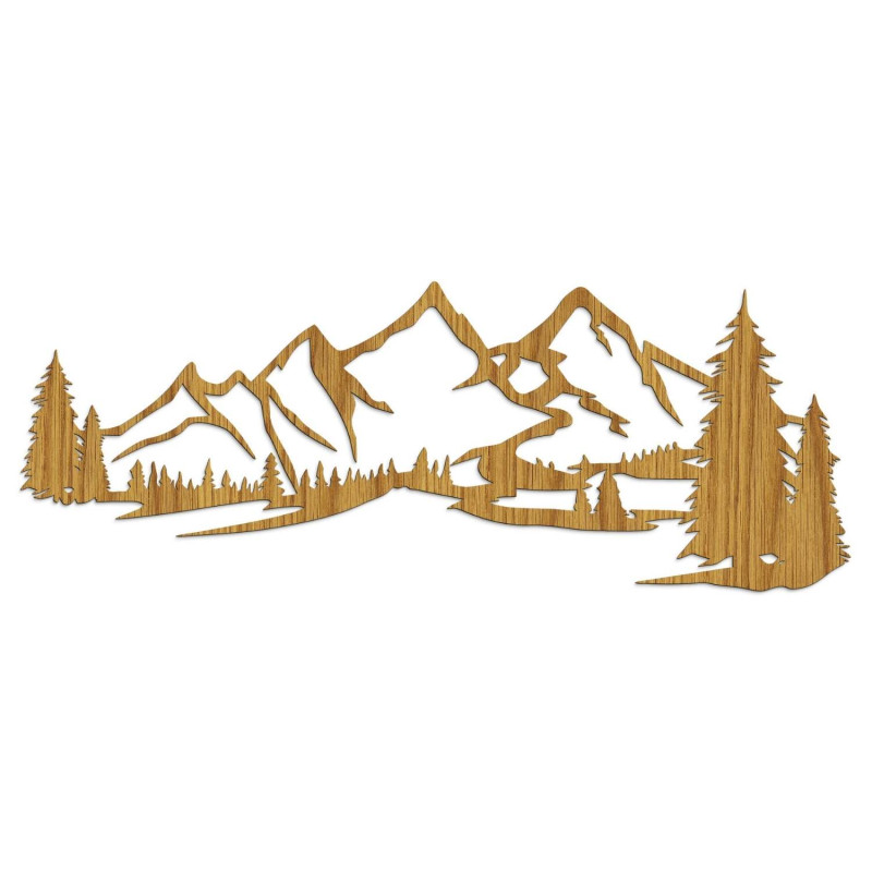 Minimalista fafestmény hegyvonulattal és tűlevelű erdővel