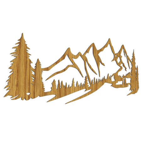 Minimalista fafestmény hegyvonulattal és tűlevelű erdővel