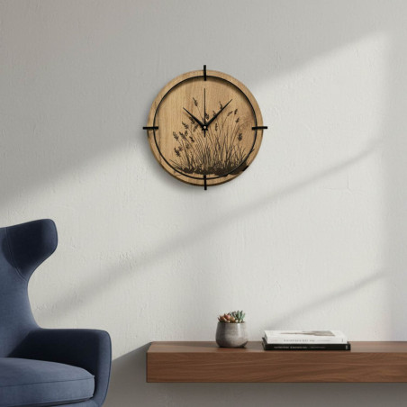 Természetes fából készült falióra növényi mintával