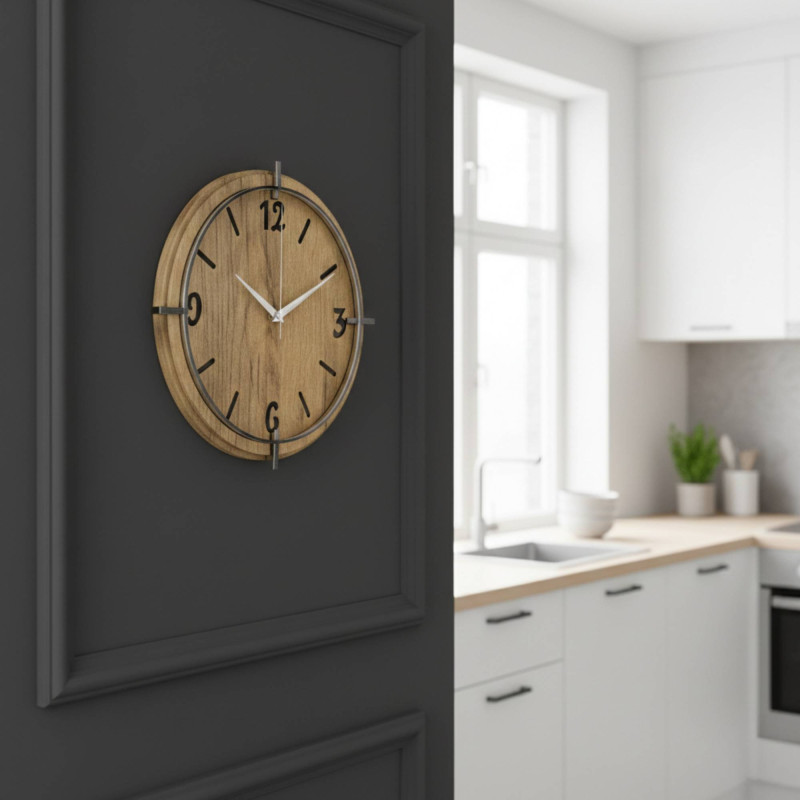Stílusos, fából készült nappali óra modern, kontrasztos dizájnnal.