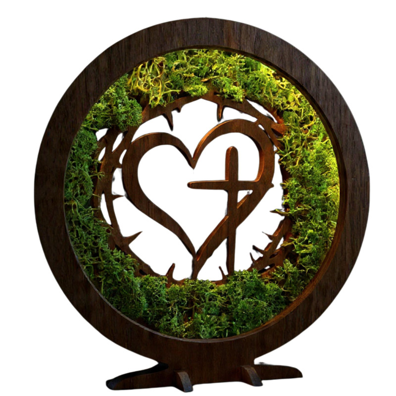 Stílusos dekoráció spirituális motívummal. Elegáns diófa dekorációjú mohás LED lámpa.