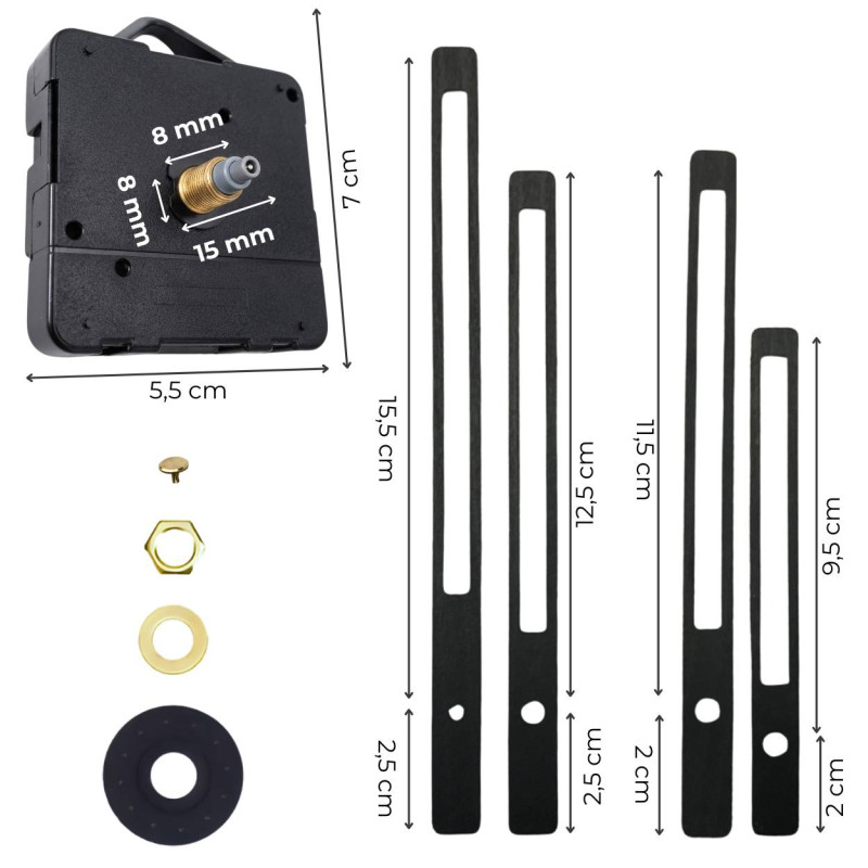 Nagyobb és kisebb fekete óramutatók barkács órákhoz és dekorációkhoz.