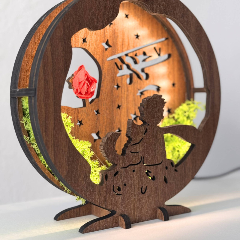 LED dekoráció Kis herceg repülőgéppel | Wenge diófa