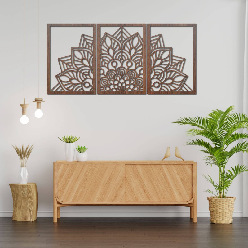 Modern fekete mandala és faóra: Stílusos harmónia otthonába.