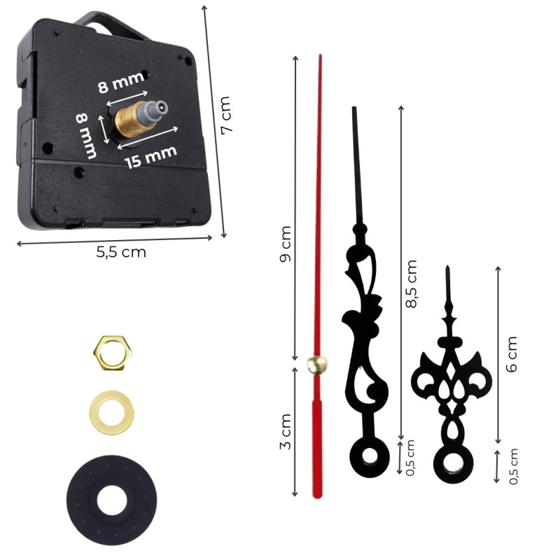 Elegáns fekete alumínium mutatók, modern és ipari órákhoz.