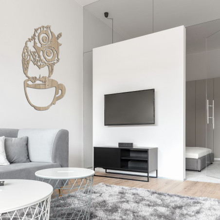 Aranyos fából készült falfestmény egy bagolyról egy csészében | Bagoly