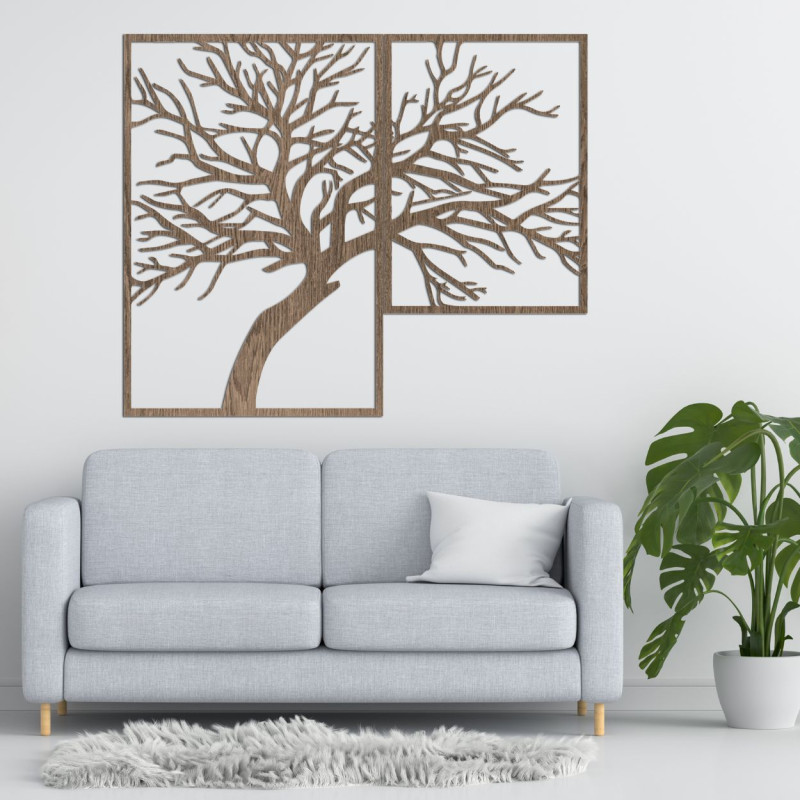 A két részből álló festmény egy elegáns, részletesen kidolgozott, meleg fatónusokkal díszített fát ábrázol.