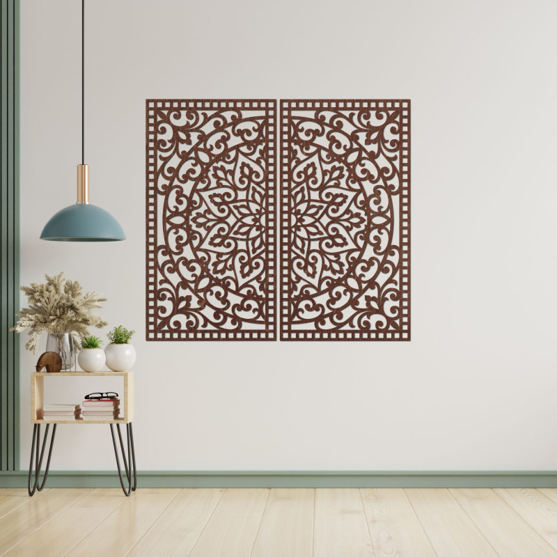 Fából készült 3D mandala a falon – Faragott diptichon bohém stílusban