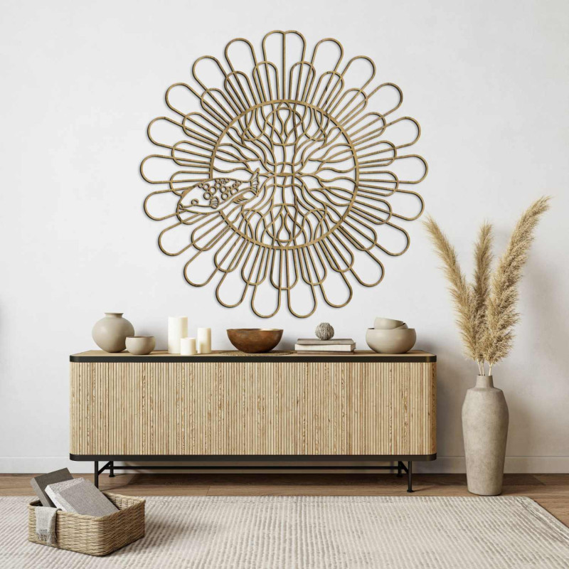 Fekete HDF lapból faragott, négyfogú halas mandala 3D-s képe