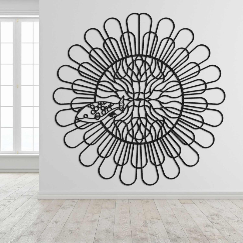 Fekete HDF lapból faragott, négyfogú halas mandala 3D-s képe