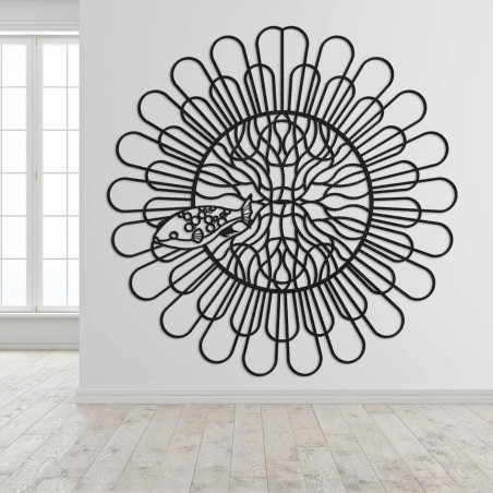 Fekete HDF lapból faragott, négyfogú halas mandala 3D-s képe